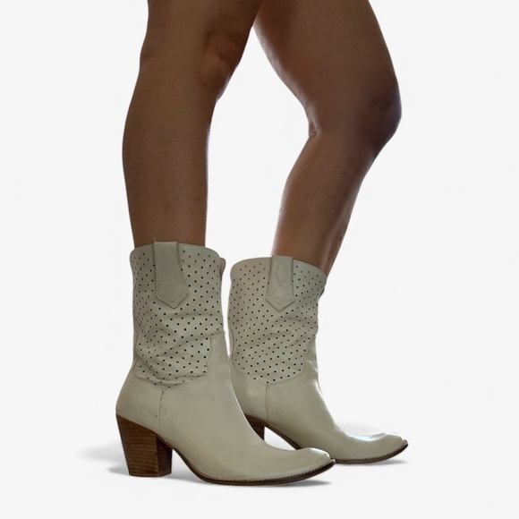 White Perforated Leather Western Boots Stacked Heel